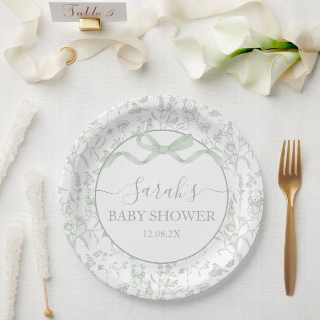 Sage Green Bow Baby Shower Boy Paper Plate (Wedding)