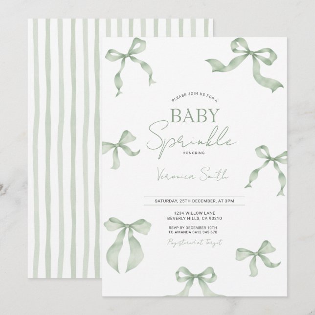 Sage Green Bow Baby Sprinkle Invitation (Front/Back)