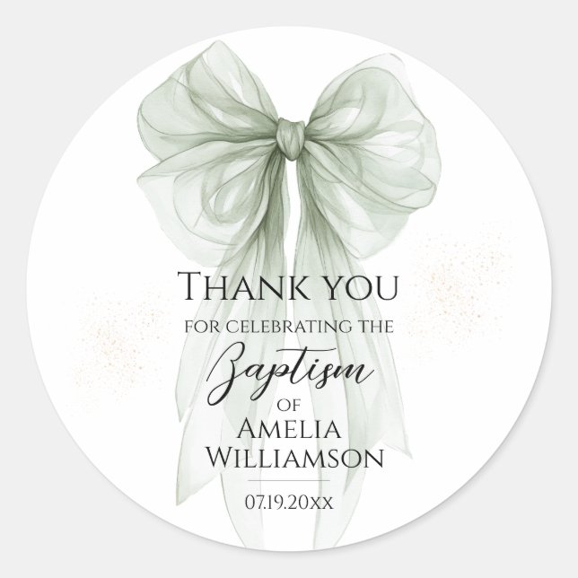 Sage Green Bow Baptism Classic Round Sticker (Front)