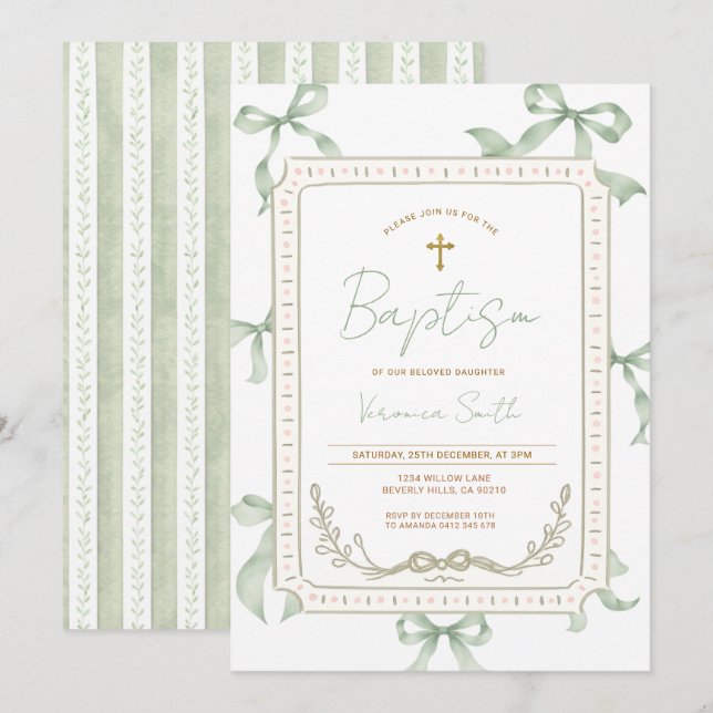 Sage Green Bow Baptism Invitation (Front/Back)