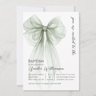 Sage Green Bow Baptism Invitation