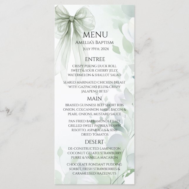 Sage Green Bow Baptism Menu (Front)