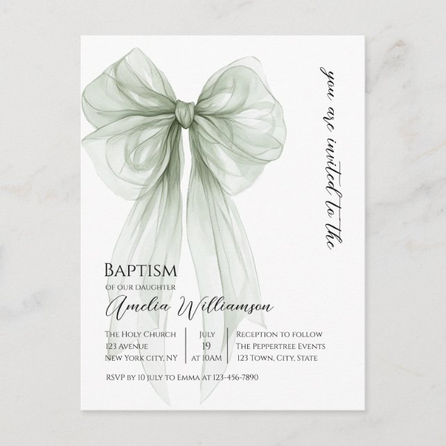 Sage Green Bow Baptism Postcard (Front)