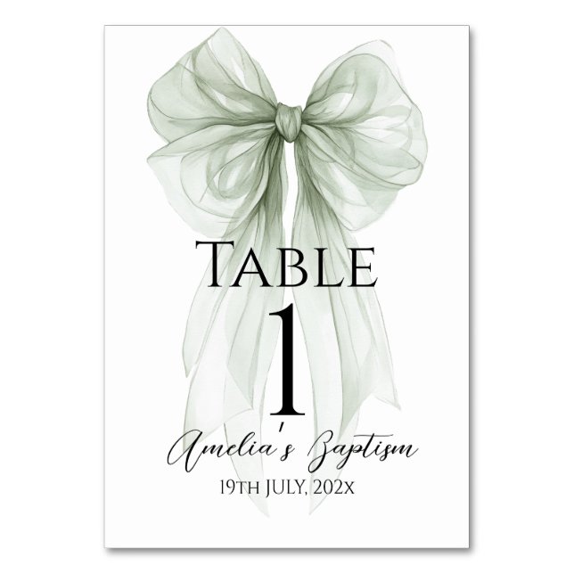 Sage Green Bow Baptism Table Number (Front)