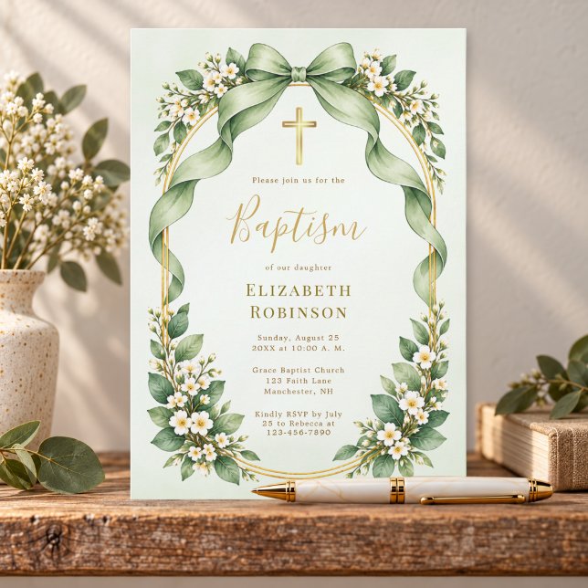Sage Green Bow Botanical Baptism   Invitation (Creator Uploaded)
