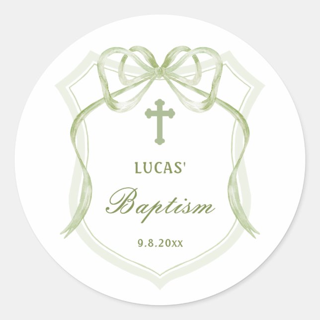 Sage Green Bow Crest Baptism Classic Round Sticker (Front)