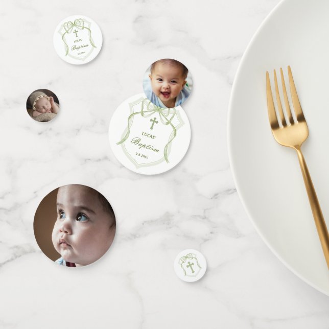 Sage Green Bow Crest Baptism Table Confetti (Group)