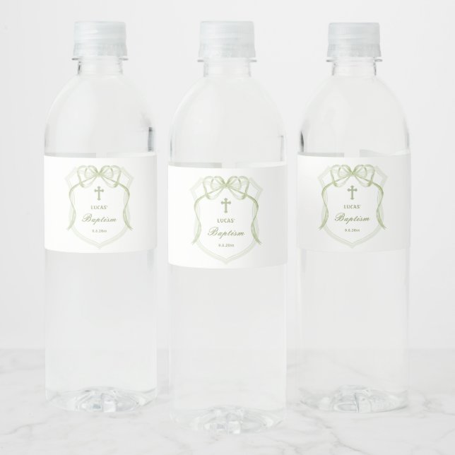 Sage Green Bow Crest Baptism Water Bottle Label (Bottles)