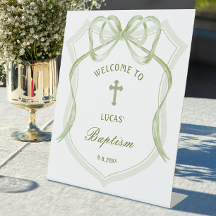 Sage Green Bow Crest Baptism Welcome Pedestal Sign