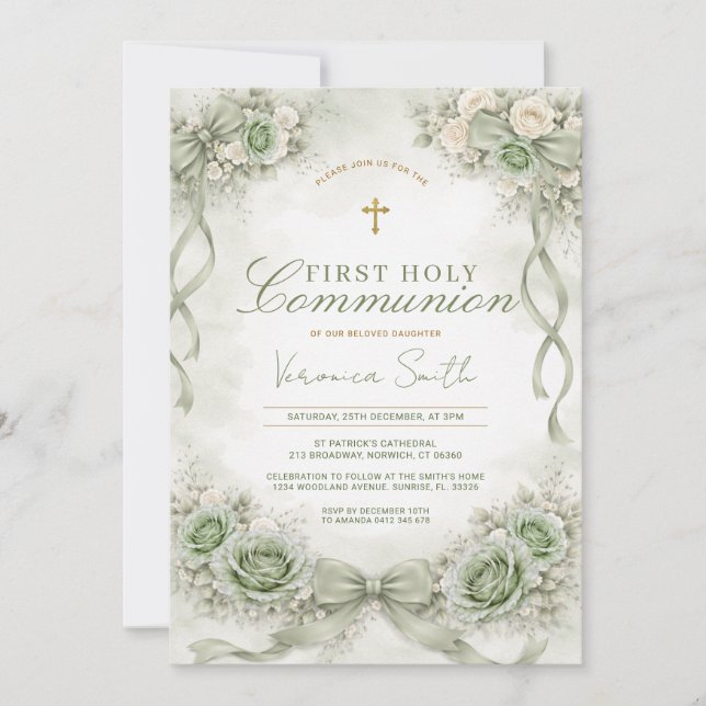 Sage Green Bow Floral First Holy Communion Invitation (Front)