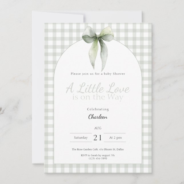 Sage Green Bow Gingham Baby Shower Invitation (Front)