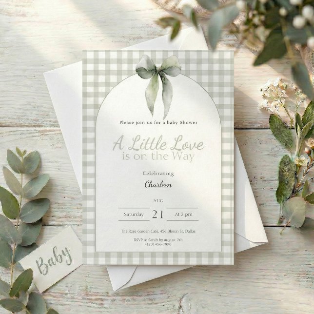 Sage Green Bow Gingham Baby Shower Invitation (Sage green ginghan bow baby shower invitation )
