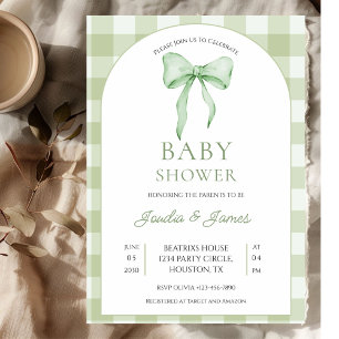 sage green Bow Gingham Baby Shower Invitation