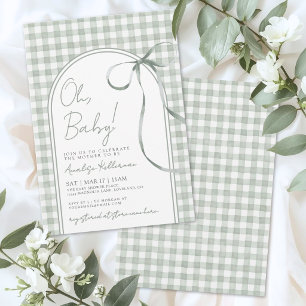 Sage Green Bow Gingham Baby Shower Invitation