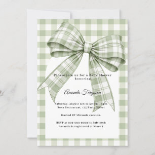 Sage green bow gingham Baby Shower Invitation