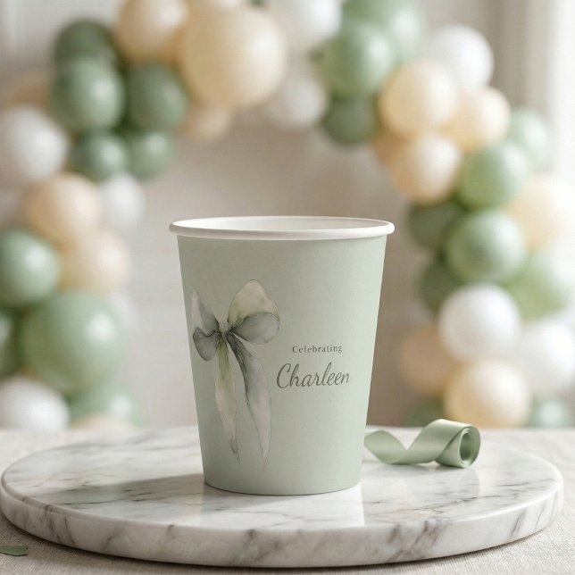 Sage Green Bow Gingham Baby Shower Paper Cups (Creator Uploaded)