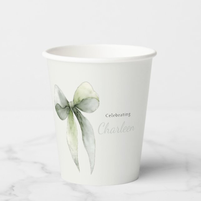 Sage Green Bow Gingham Baby Shower Paper Cups (Front)