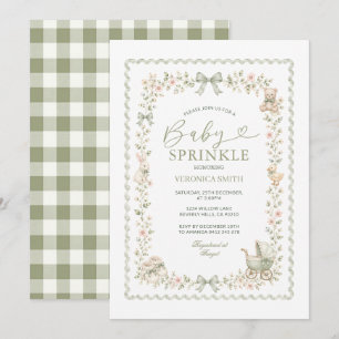 Sage Green Bow Gingham Baby Sprinkle Invitation