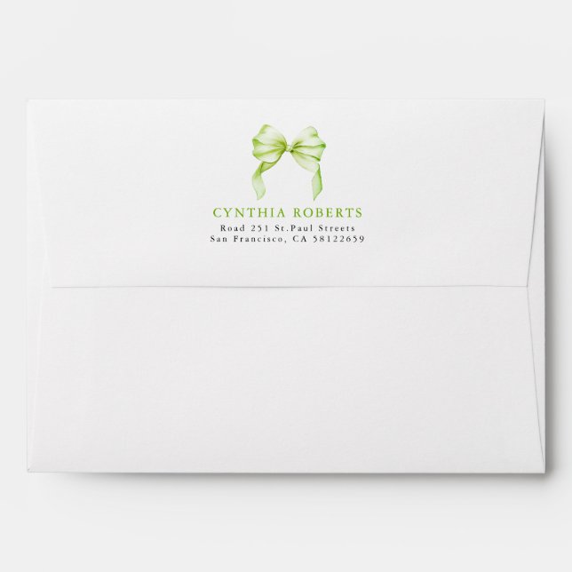 Sage Green Bow Modern Elegant Return Address Envelope (Back (Top Flap))