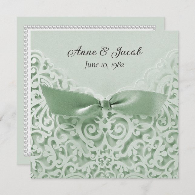 Sage Green Bow On Lace Wedding Vow Renewal Invitation (Front/Back)