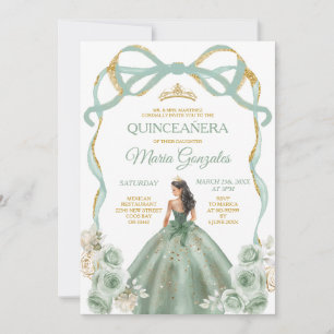Sage Green Bow Princess Gold Crown Quinceañera Invitation