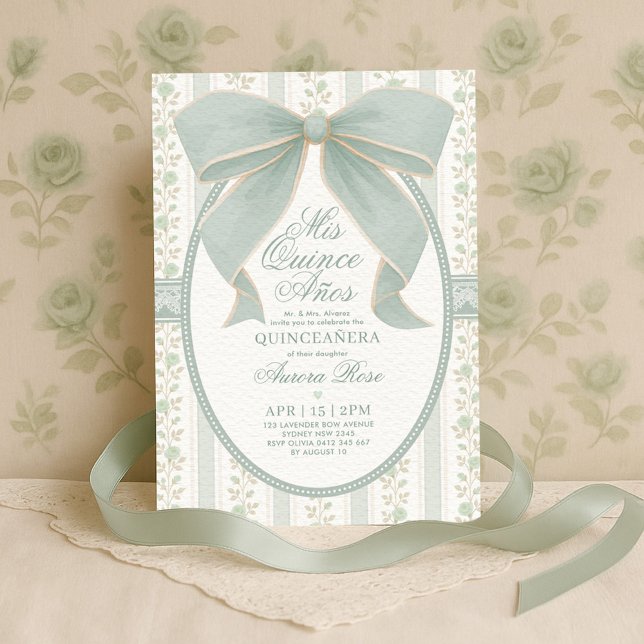 Sage Green Bow Quinceanera Mis Quince Birthday Invitation (Creator Uploaded)