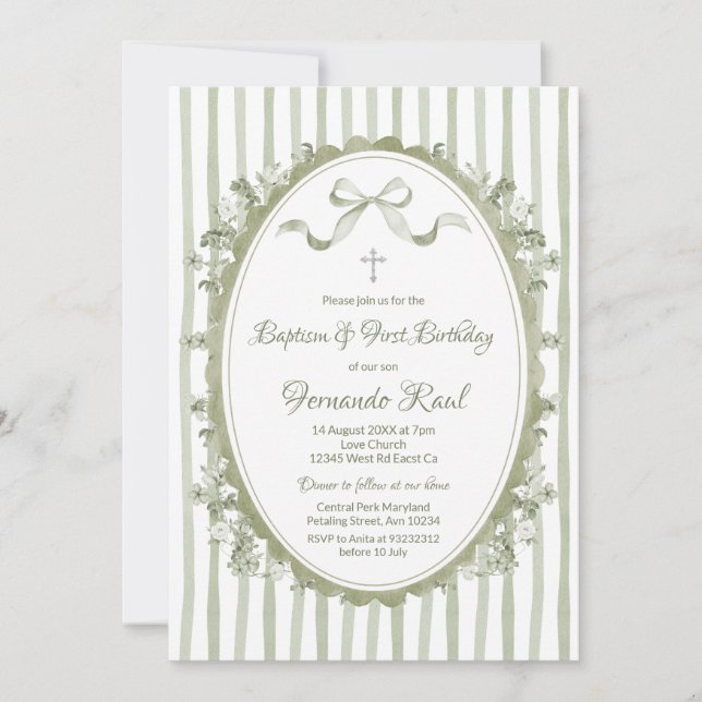 Sage Green Bow Ribbon Oval Frame Baptism Neutral Invitation (Front)