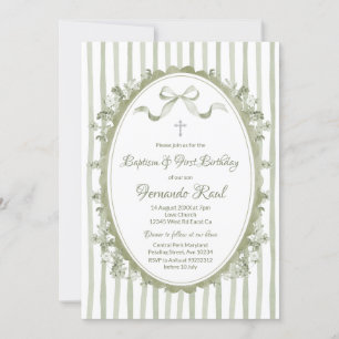 Sage Green Bow Ribbon Oval Frame Baptism Neutral Invitation