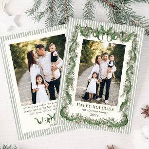 Sage Green Bow Ribbon Stripped Christmas 2 Photo Holiday Card