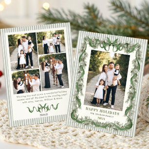 Sage Green Bow Ribbon Stripped Christmas 5 Photo Holiday Card
