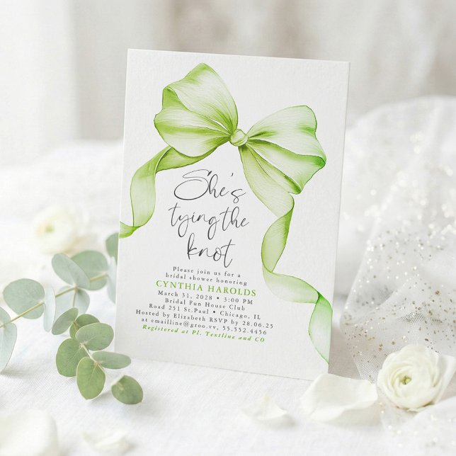 Sage Green Bow She's Tying the Knot Bridal Shower Invitation (Light Green Bow Elegant Bridal Shower Invites)