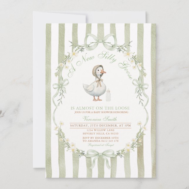 Sage Green Bow Silly Goose Baby SHOWER Invitation (Front)