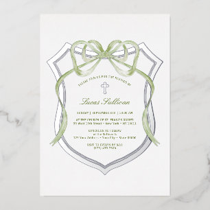 Sage Green Bow Silver Crest Baptism