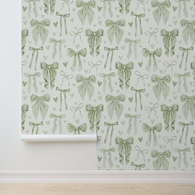 Sage Green Bows and Hearts Nursery Wallpaper (Application)