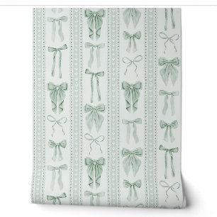 Sage Green Bows and Lace Vertical Stripes Wallpaper