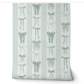 Sage Green Bows and Lace Vertical Stripes Wallpaper