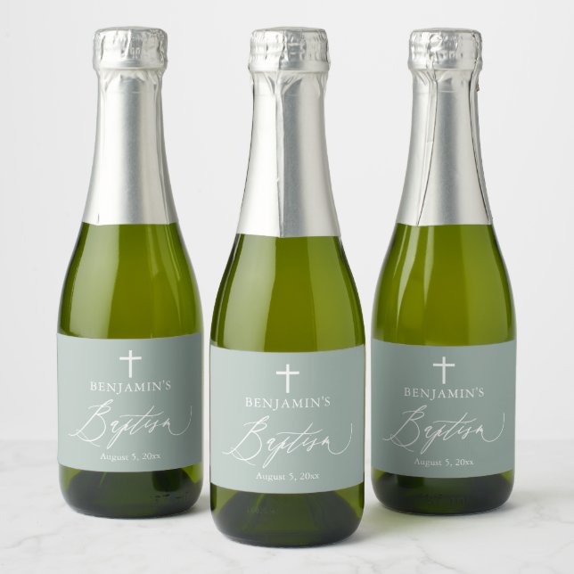 Sage Green Boy Baptism Mini Sparkling Wine Bottle  Label (Bottles)