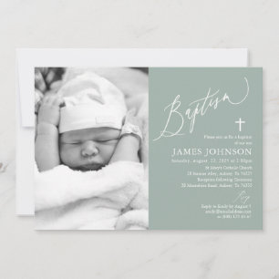 Sage Green Boy Baptism Photo Invitation