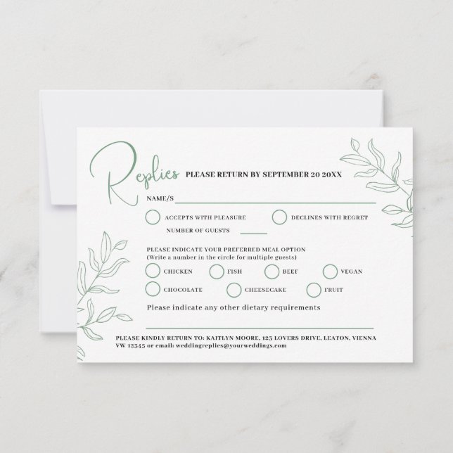 Sage green branch meal option wedding event RSVP Card (Back)