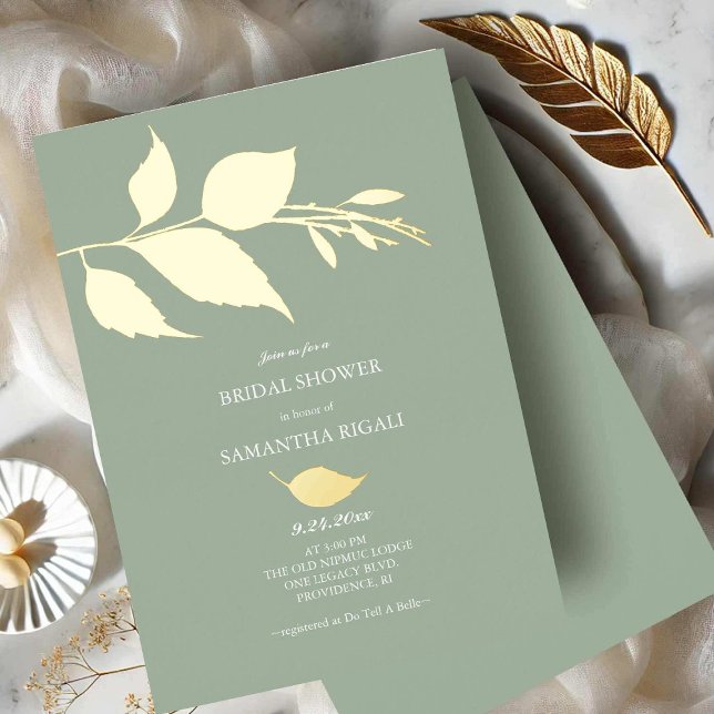 Sage Green Bridal Shower Invitations (Sage green bridal shower invitations gold foil leaves)