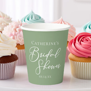 Sage Green Bridal Shower Personalised White Script Paper Cups