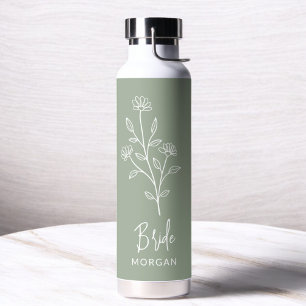 Sage Green Bride Hand Scripted Name Floral  Water Bottle