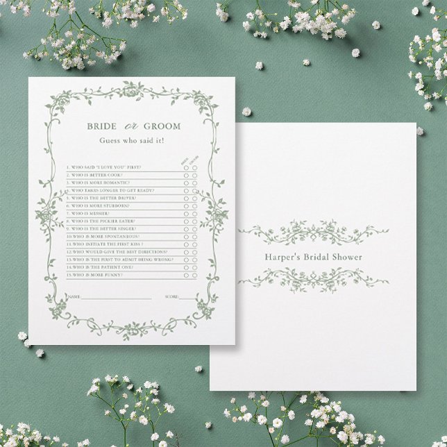 Sage Green 'Bride or Groom' Bridal Shower Game  (Front & Back)