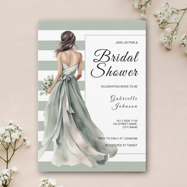 Sage Green Bride Stripes Polka Dot Bridal Shower Invitation (Creator Uploaded)