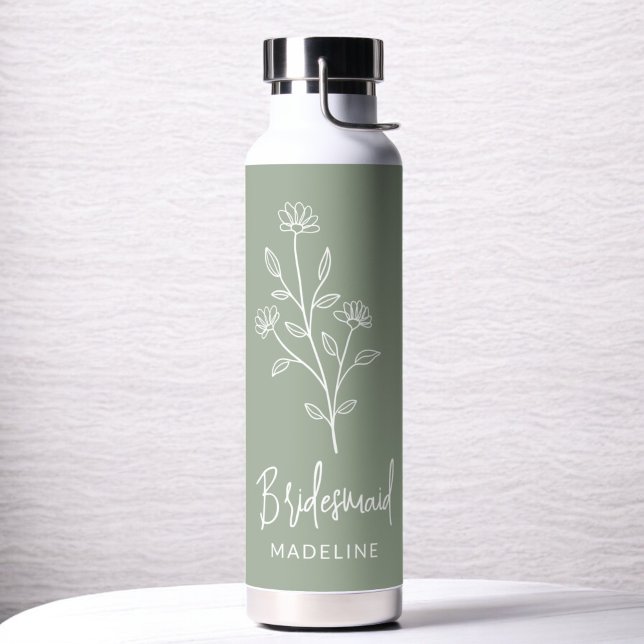 Sage Green Bridesmaid Name Floral Bachelorette Water Bottle (Creator Uploaded)