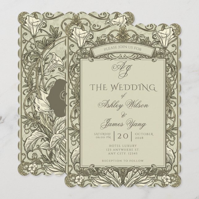 Sage Green Brown Floral Wedding Invitation (Front/Back)