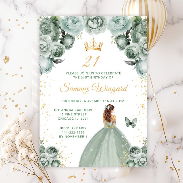 Sage Green Brown Hair Princess Birthday Party Invitation (Creator Uploaded)