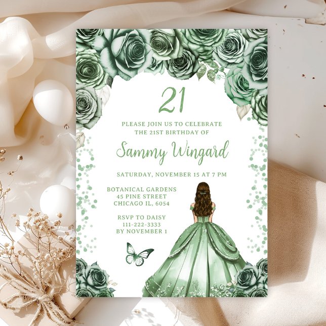 Sage Green Brown Hair Princess Birthday Party Invitation (Creator Uploaded)
