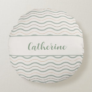 Sage Green & Brown Nautical Waves Decor Round Cushion