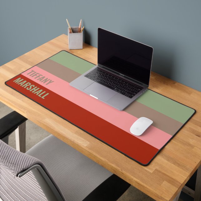 Sage Green Brown Pink Red Stripes Pattern Name Desk Mat (Office 2)